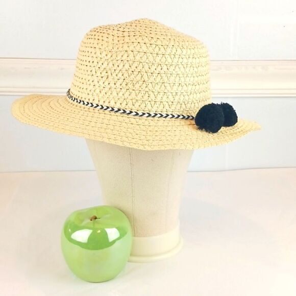 Boho cream sun hat with black/white braid and black pom pom - Picture 1 of 6